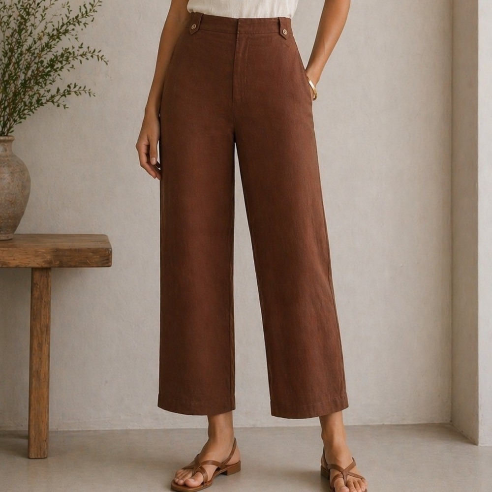 J. McLaughlin Brown Linen Wide Leg Trousers High Waisted Button Tab Size 14